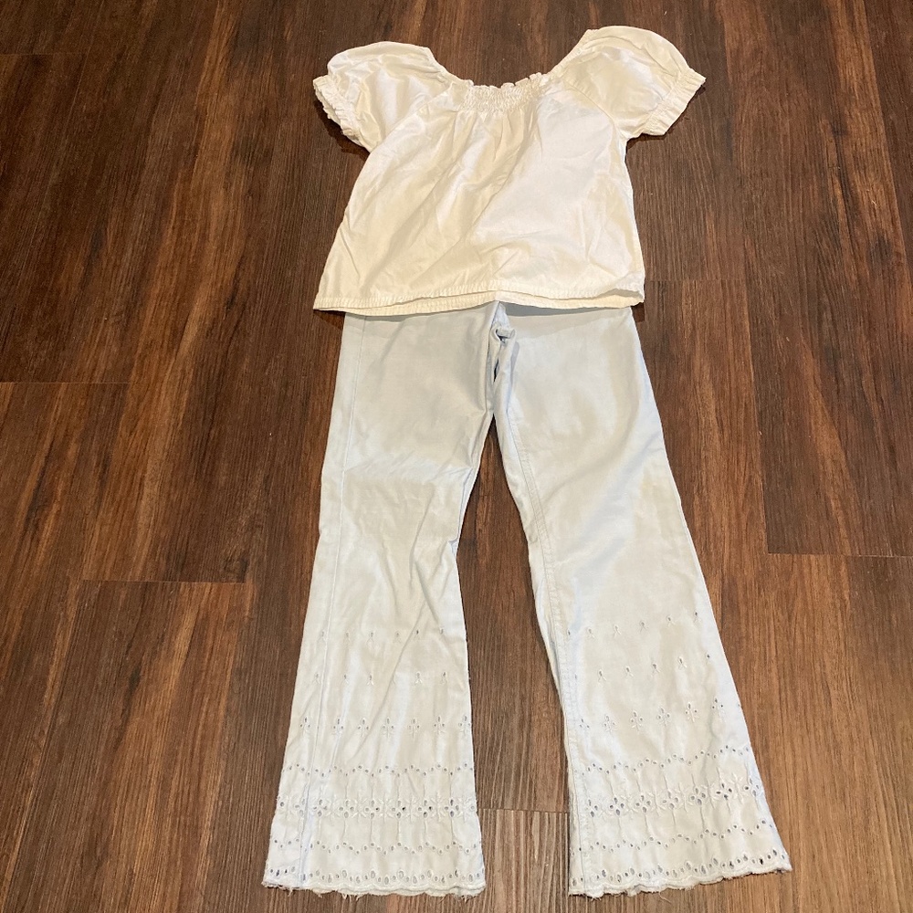 Gap Kids Pale Blue Eyelet Pants and White Peasant Top Girls Size 8